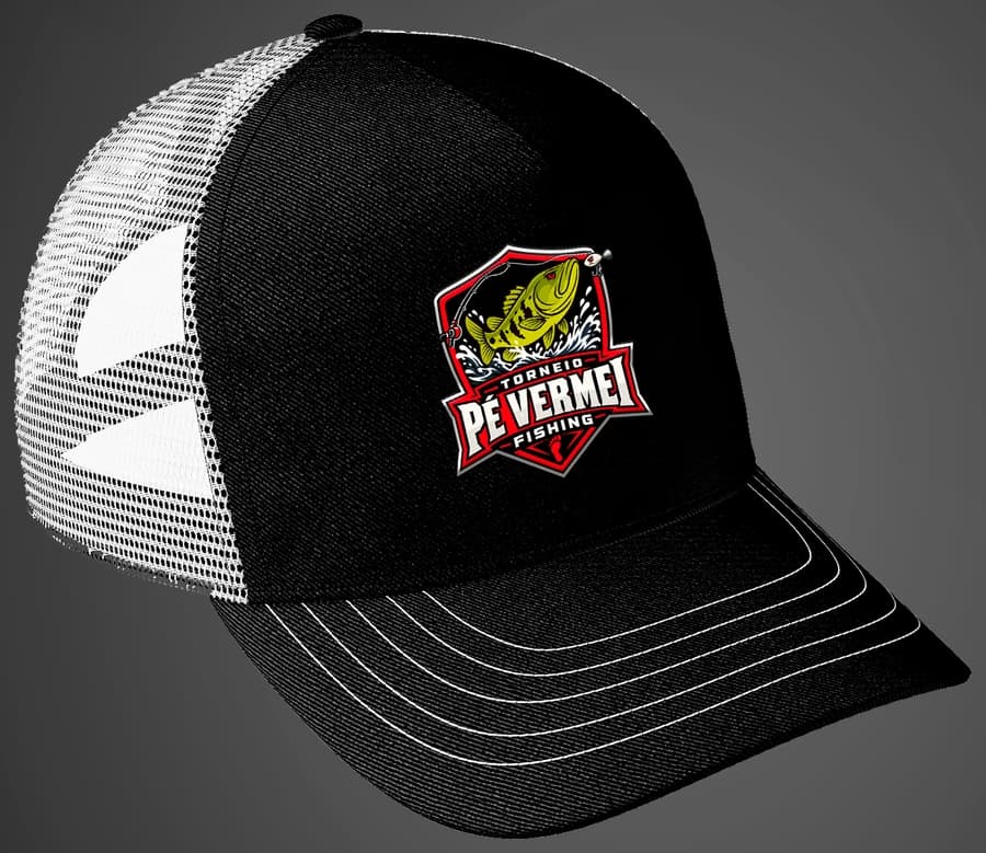 Boné trucker preto com tela branca e escudo do torneio