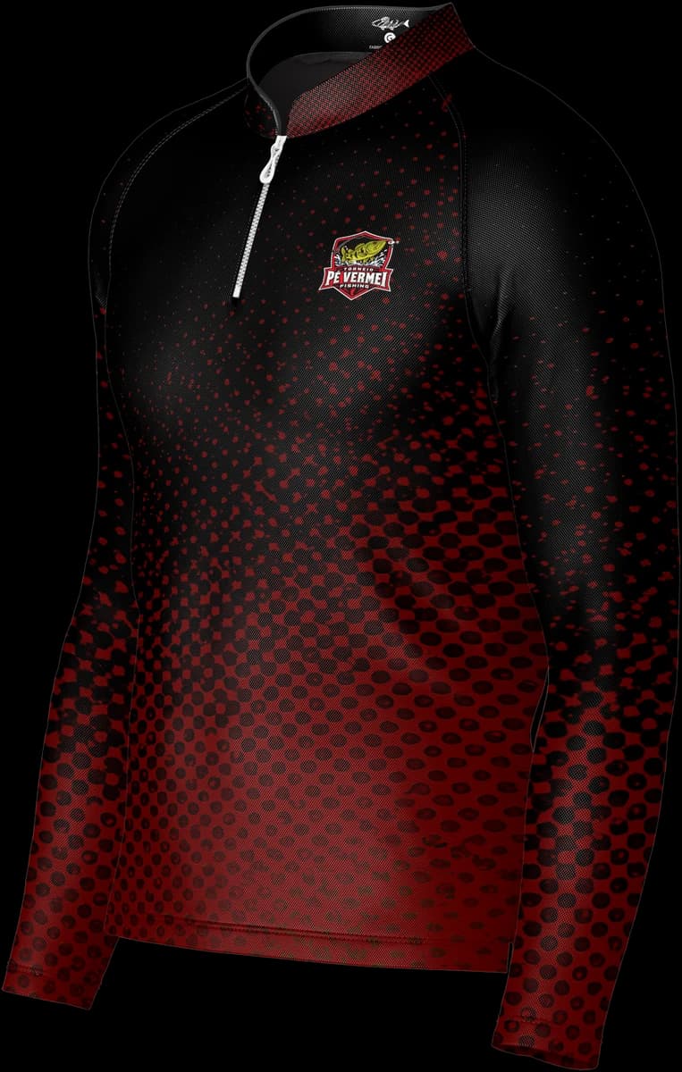 Camisa de pesca preta e vermelha com escudo do torneio